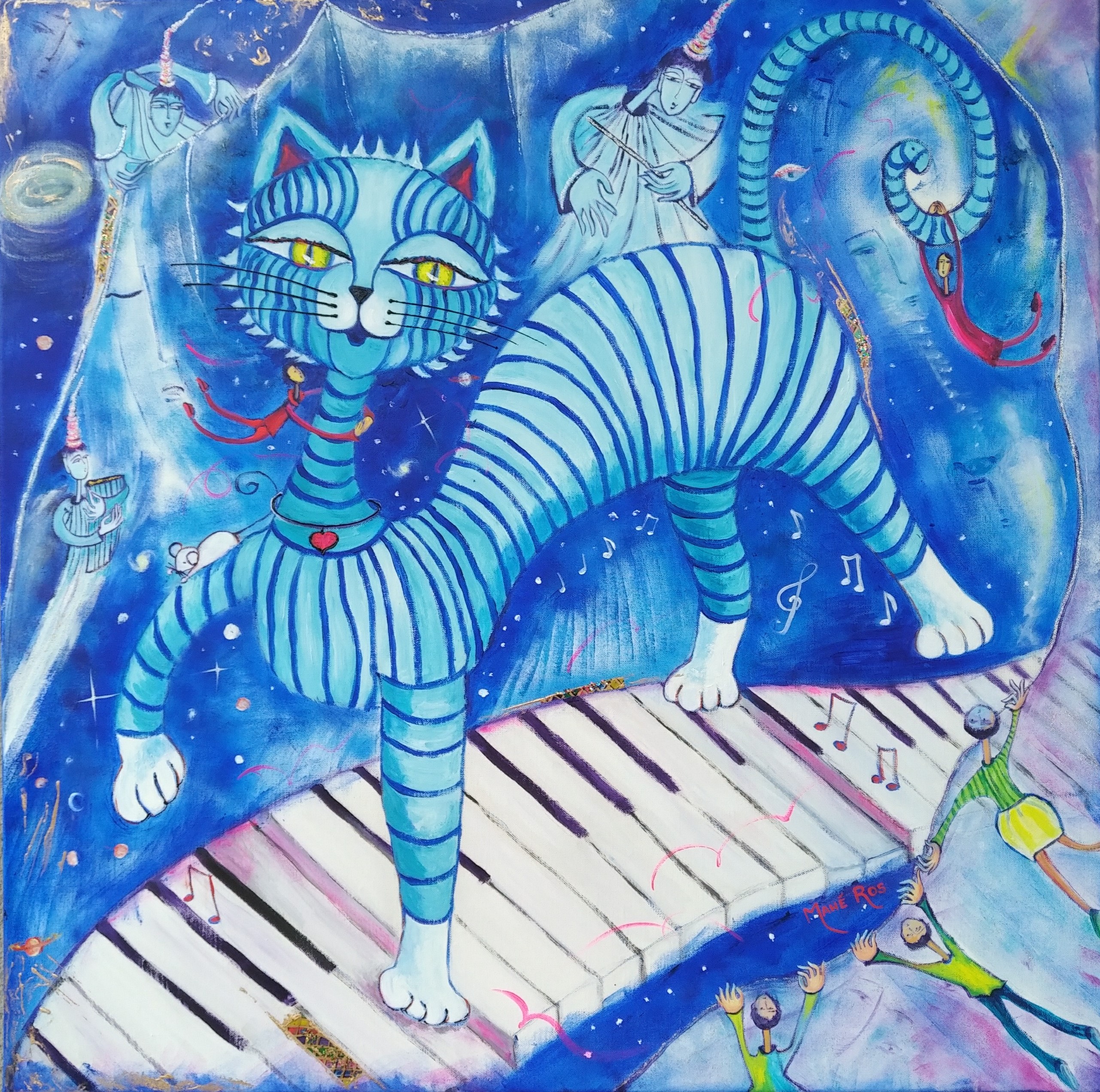 Chat bleu au piano-rêve - 80X80 - vendu