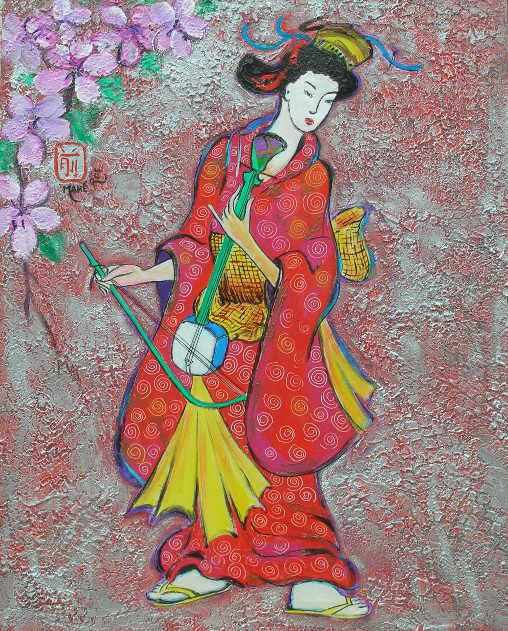 Japonaise au shamisen2 sur bois