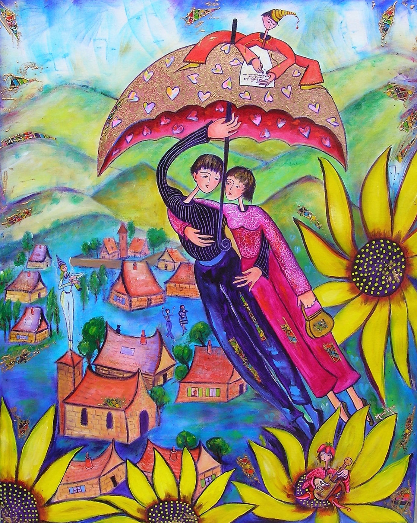 L ombrelle des coeurs amoureux 81x65 acrylique et technique mixte  - VENDU